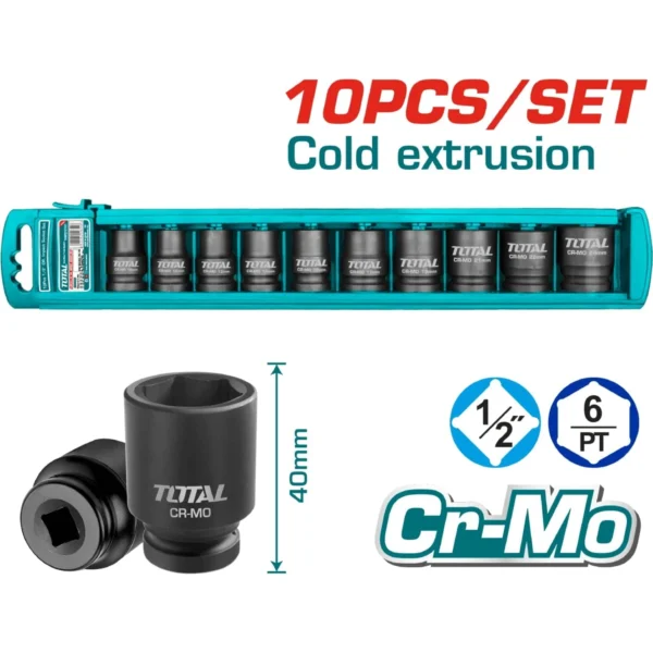 COPAS DE IMPACTO 1/2'' SET 10 PZAS. 10 - 24 MM. TOTAL THISTD12101