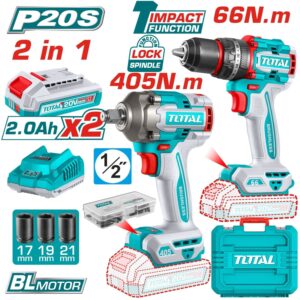 TALADRO DE 20 V. 1/2''+PISTOLA IMP. 1/2" 405Nm. INALAMB. 2 BAT+CARG TOTAL TOTAL UTCKLI20286