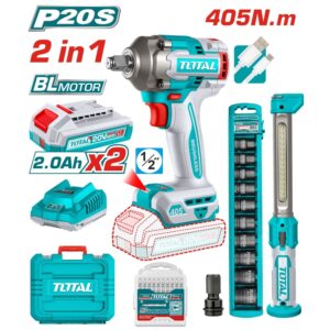 PISTOLA DE IMPACT INALAMB. 20V. 1/2'' 405NM.+LINTERNA C/ ACC. 2BAT 2.0Ah.+CARG TOTAL UTOSLI23056