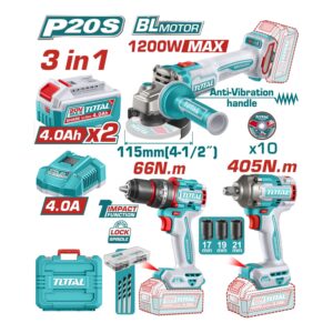 TALADRO INALAMB. 1/2"+PIST IMP 1/4"+PULID 4-1/2"+ FOCO +LINTER 20V 2BAT+CARG. TOTAL UTOSLI250692