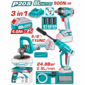 PISTOLA IMPACT INALAMB 20V 1/2''+HIDROLAVADORA +PULID ABRILLANTADORA 2BAT+CARG TOTAL UTOSLI250184