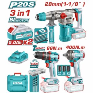 TALADRO DE 20 V. 1/2''+PISTOLA IMP. +ROTOMARTILLO INALAMB,2 BAT+CARG. TOTAL UTCKLI20638