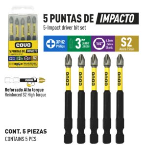 PUNTAS P/ TALADRO DE IMPACTO 1/4"x3" SET 5 PZS. COVO CV- IM-SDBT-75MM