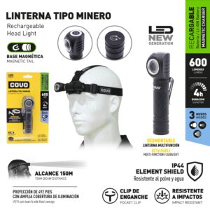FOCO P/ MINERIA DE 600 LÚMEN LED RECARG. BASE MAGNET. USB COVO CV-HLP-4
