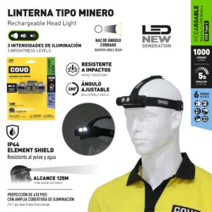 FOCO P/ MINERIA DE 1000 LÚMEN LED RECARG. ANGULO AJUST. USB COVO CV-HLP-1