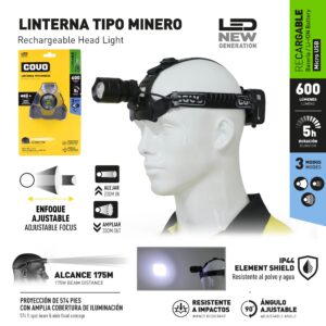 FOCO P/ MINERIA DE 600 LÚMEN LED RECARG. ANGULO AJUST. USB COVO CV-HLP-2