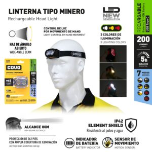 FOCO P/ MINERIA DE 200 LÚMEN LED RECARG. 3 TONOS USB COVO CV-HLP-3