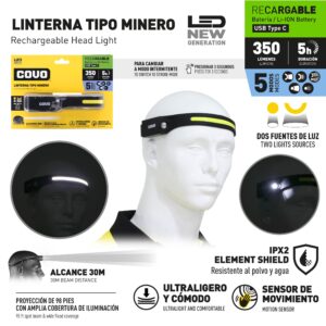 FOCO P/ MINERIA DE 350 LÚMEN LED RECARG. C/SENSOR DE MOVIM. USB COVO CV-HLP-5