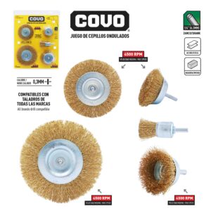 CEPILLO DE ALAMBRE P/TALADRO EN SET 5 PZS BLISTER COVO CV-WWB-5PC