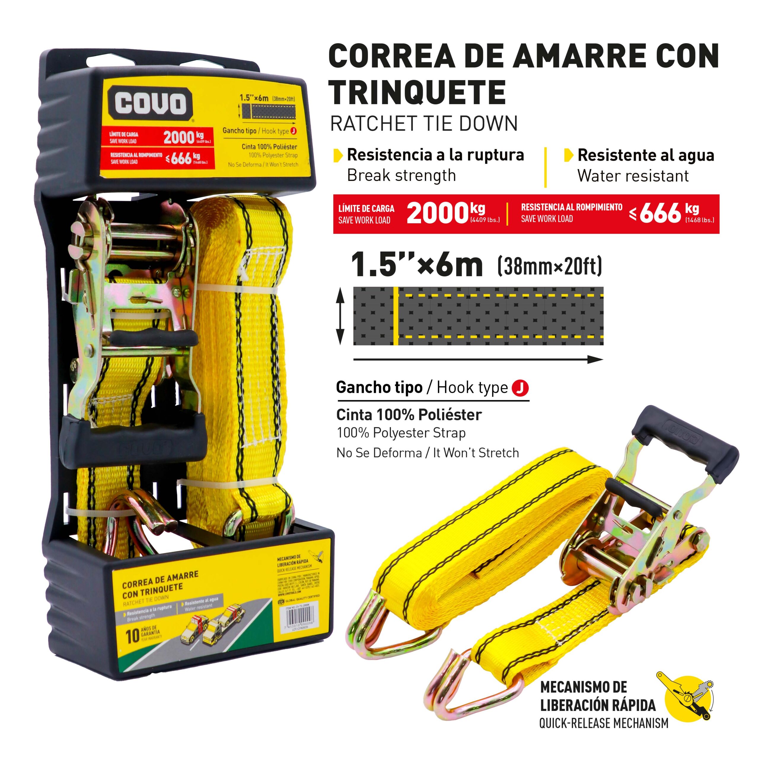 CUERDA C/ GANCHO P/ REMOLQUE 4.5Mx20MMx2T. COVO CV- TORP-2000KG