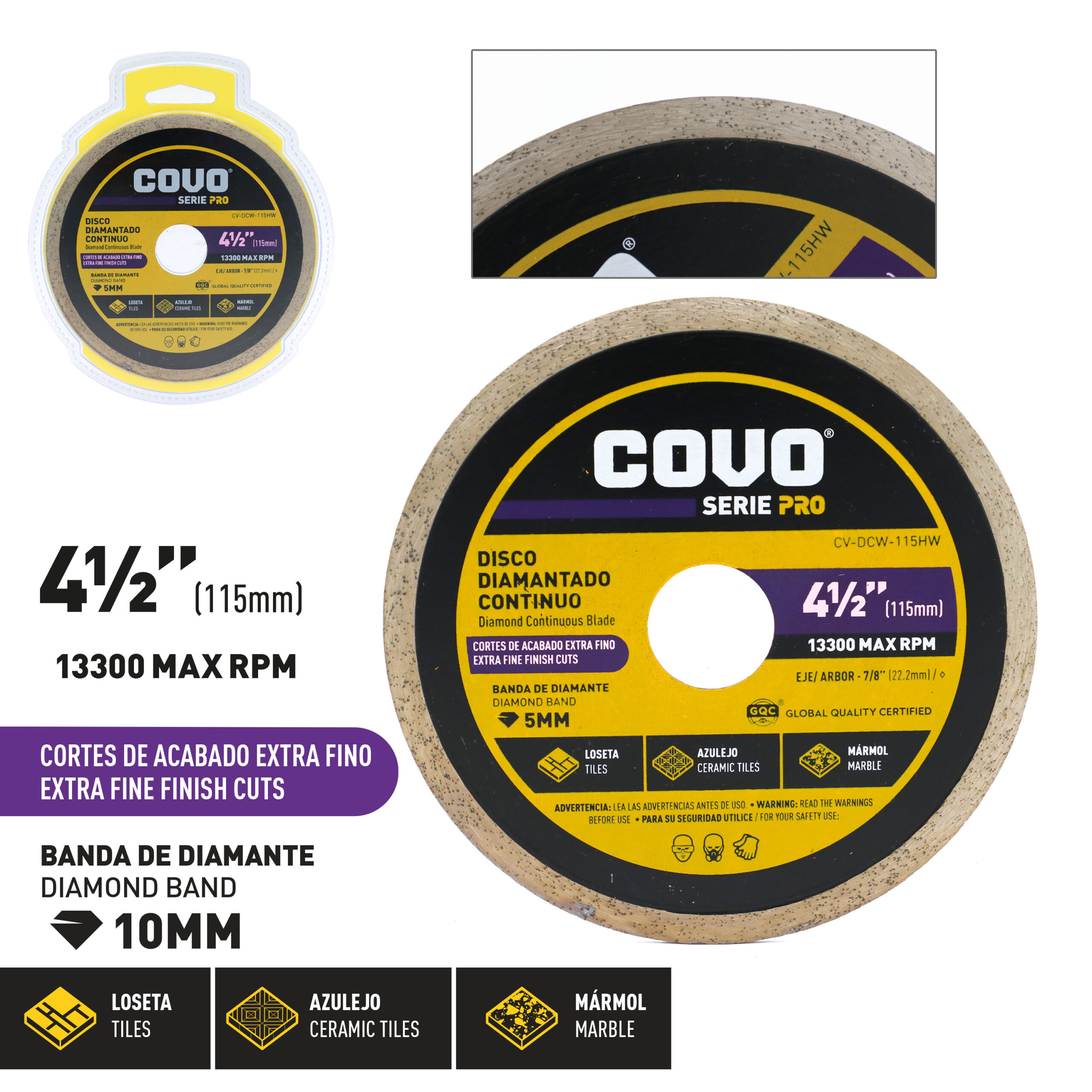 DISCO DIAMANT. DE 4-1/2''x5 MM. LISO SERIE PRO COVO CV- DCW-115HW