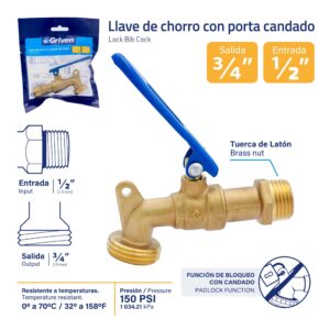 LLAVE CHORRO DE 1/2'' DORADA/ PALANCA P/ CANDADO GRIVEN A367-BIB145Z