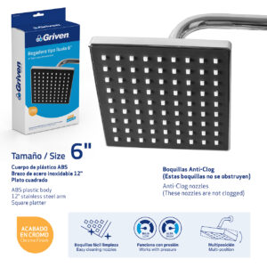 DUCHA CUADRADA DE 6'' TIPO LLUVIA GRIVEN GV-SHC-A6