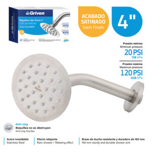 DUCHA REDONDA DE 4" T/ LLUVIA SATIN GRIVEN GV-SHS4-RARM