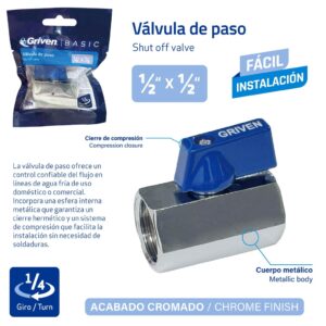 LLAVE P/ LAVAMANO 1/2" SENC. C/ ALTO PALANCA CROM. ABS GRIVEN GVB-MTB1-C-1-2