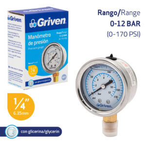 MANOMETRO 1/4" HUMEDO 0-12 BAR. GRIVEN GV-ZW-WC50-SLG