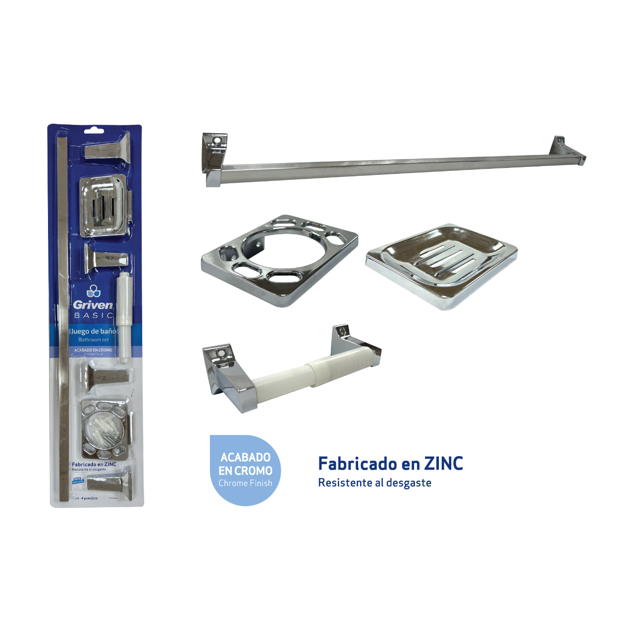 ACCESORIOS P/ BAÑO DE 4 PZAS. CROM. GRIVEN GVB-SH8001E