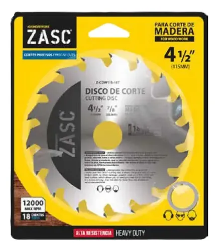 DISCO P/ CORTAR MADERA DE 4-1/2'' 18T. ZASC Z-CDW115-18T