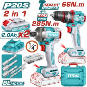 TALADRO DE 20V. 1/2''+PISTOLA IMP. 1/4" INALAMB. 2 BAT 2.0 Ah +CARG TOTAL UTCKLI20277