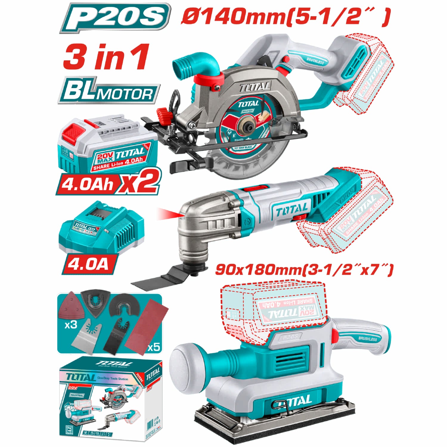 TALADRO DE 20 V. 1/2''+SIERRA CIRC. +LIJADORA MANUAL INALAM,2 BAT.+CARG. TOTAL UTOSLI241193