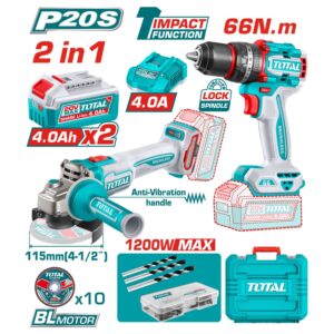 TALADRO DE 20 V.1/2''+PULIDORA 4-1/2" INALAMB. 2BAT+CARG. TOTAL UTCKLI20273