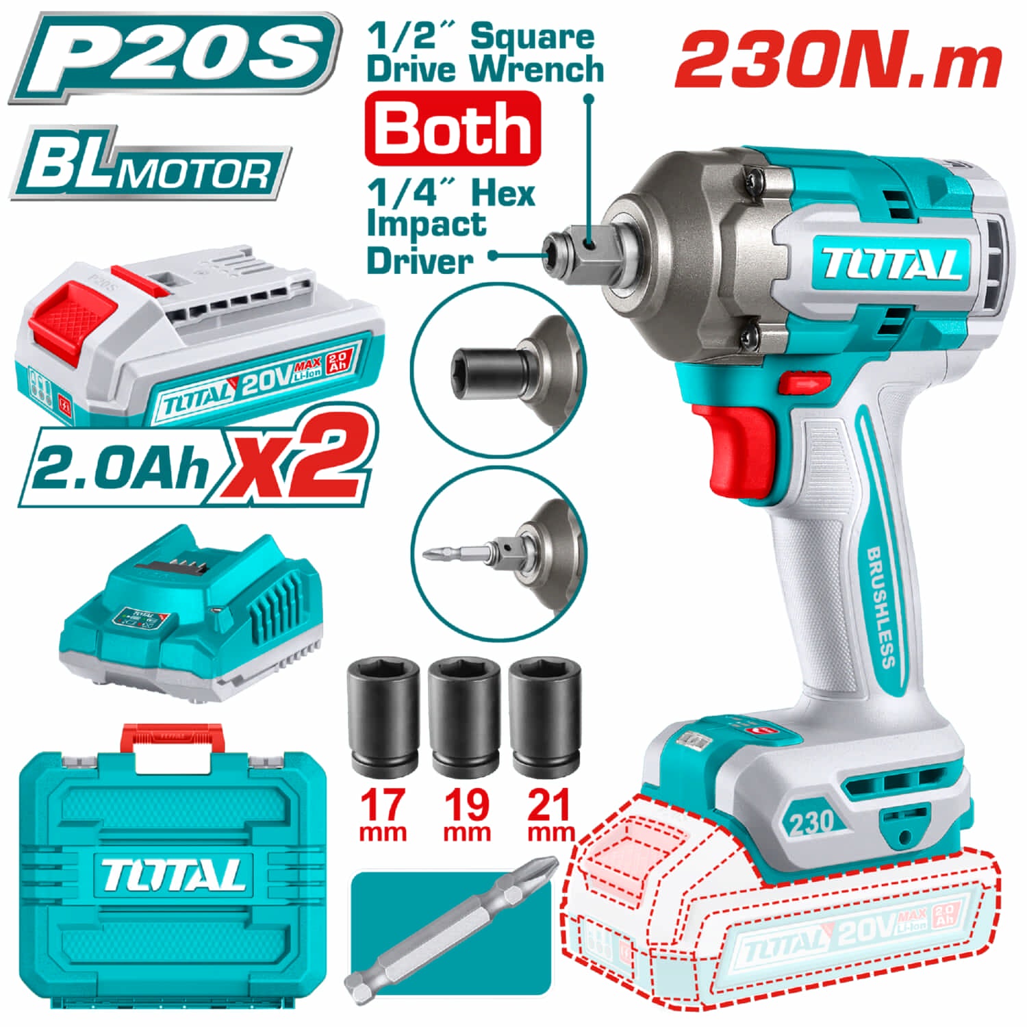PISTOLA DE IMPACTO INALAMB DE 20V 2 EN 1 (DADO/HEXAG)1/2"x1/4" 2BAT.2.0 Ah+CARG TOTAL UTIWLI20236
