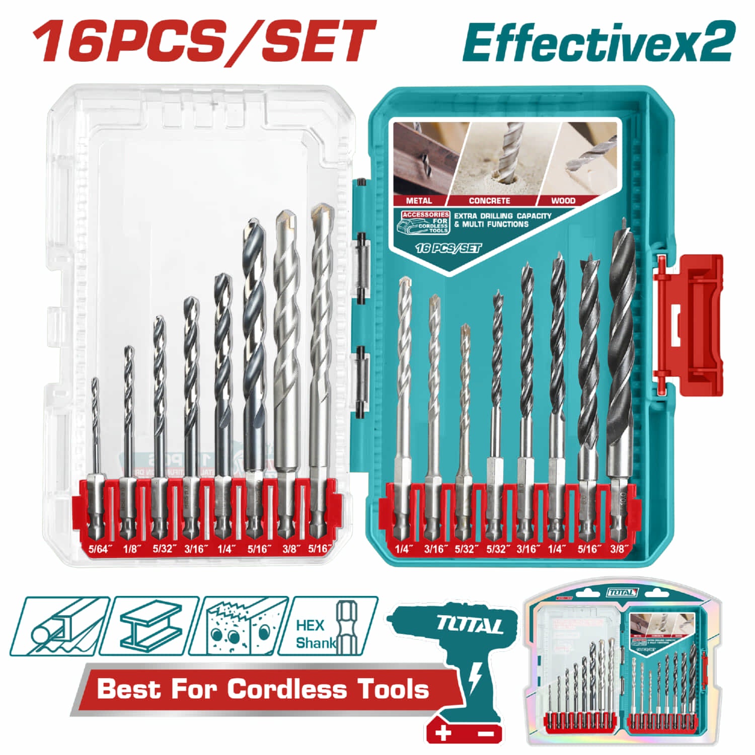 BROCAS P/METAL+CONCRETO+MADERA SET 16 PZAS. TOTAL UTACSDL11608