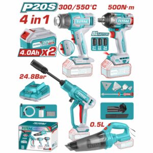 PISTOLA IMPACTO INALAMB 1/2"+ PIST CALOR+HIDROLAVAD.+ ASPIRADOR 2BAT+CARG TOTOTAL UTOSLI250208