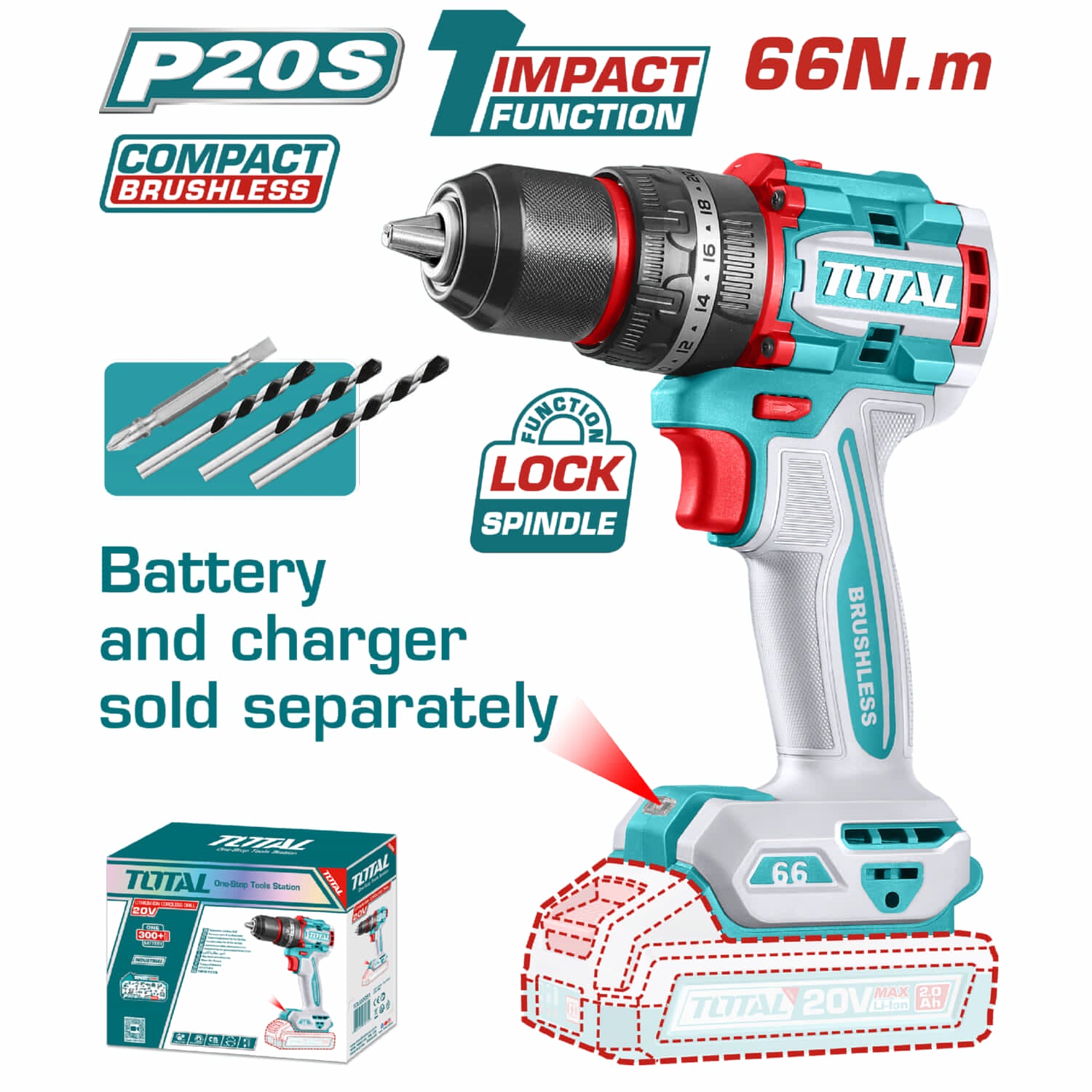 TALADRO INALAMB. DE 20V. 1/2'' 66 N.M (NO INCLUYE BATERIA) TOTAL TIDLI206681