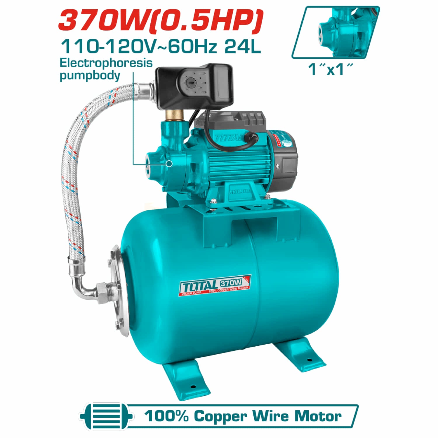 BOMBA P/ AGUA DE 1/2 HP. 370 W. PERIFER. C/ TANQUE PRECION 24LT. AUTOM. TOTAL UTWP13706A-24